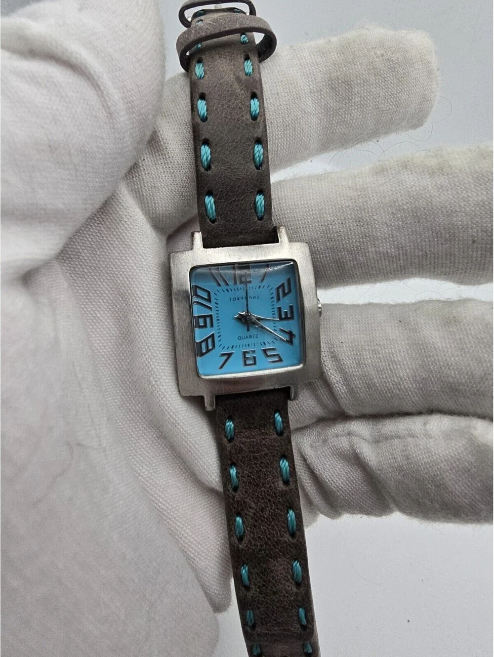 Tokyo Bay Blue Dial Square Quartz Watch with Brown Leather And Blue Stitch Band